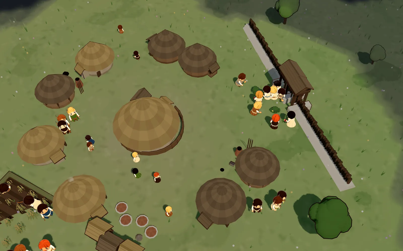 An Iron Age farm of the Atrebates: thatched roundhouses, grain pits and a gate in the rampart, with the villagers at work