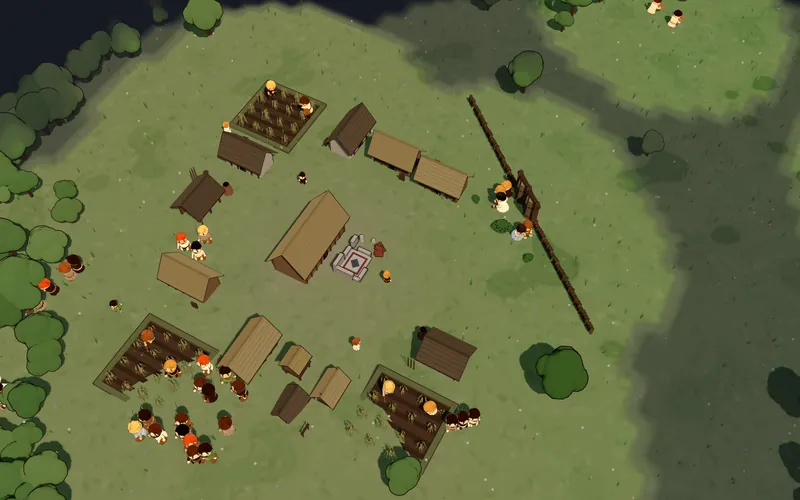 An Anglo-Saxon village: a hall, sunken huts and fields, with villagers at work