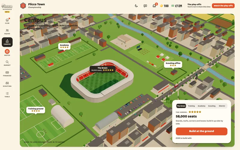 Flicco Manager's campus: the stadium, the training ground, the academy and the town