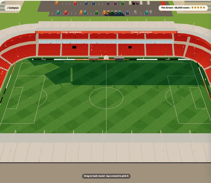 The ground built up: two tiers of red seats all round, under a cantilever roof