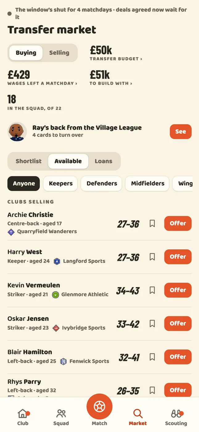 The transfer market: the budget, a shortlist, and players for sale with their ratings