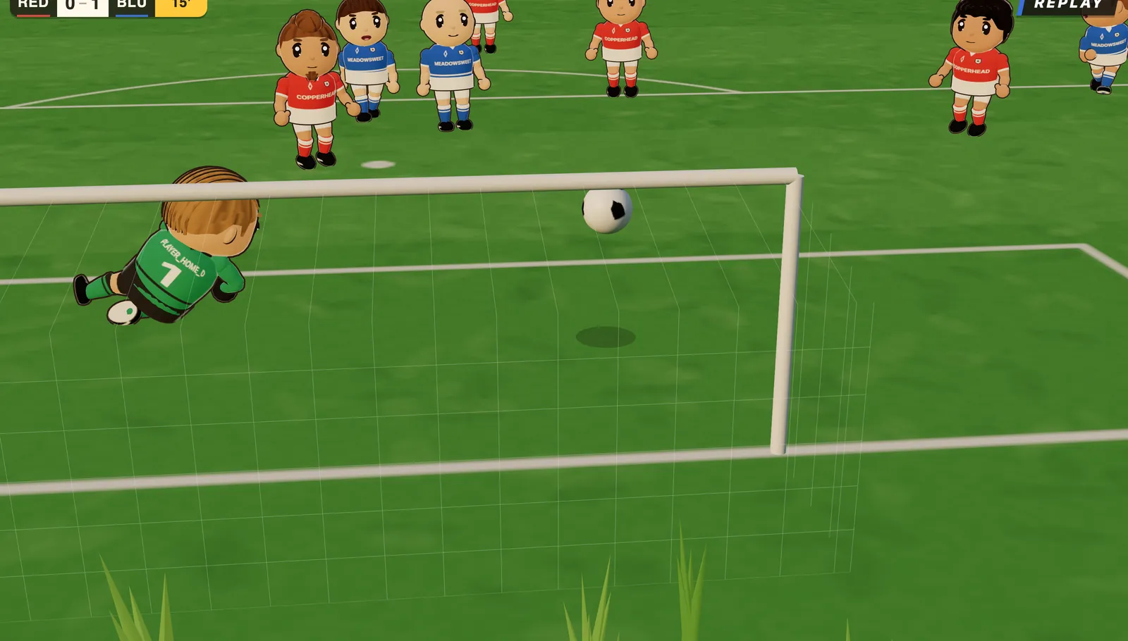 A match in Flicco Manager: the keeper at full stretch as the shot flies past him, seen from behind the goal