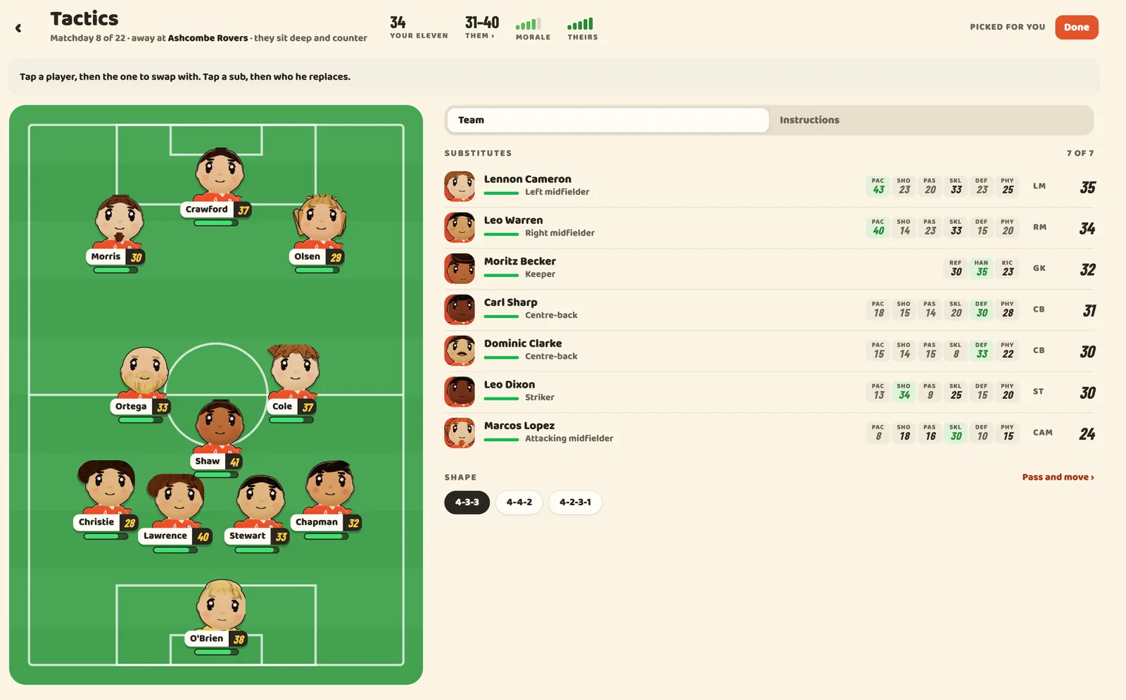 The tactics board: the eleven on the pitch with their ratings, the substitutes with their attributes, and the shapes to pick from