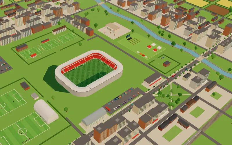 Flicco Manager: a stadium in a town, with training pitches, an academy and a river beside it